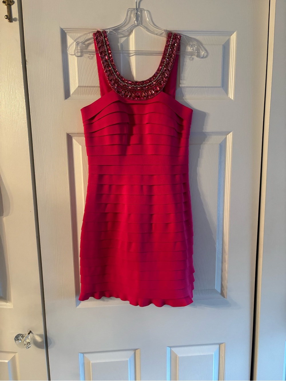Sherri Hill Hot Pink Beaded Scoop Neck Mini Dress